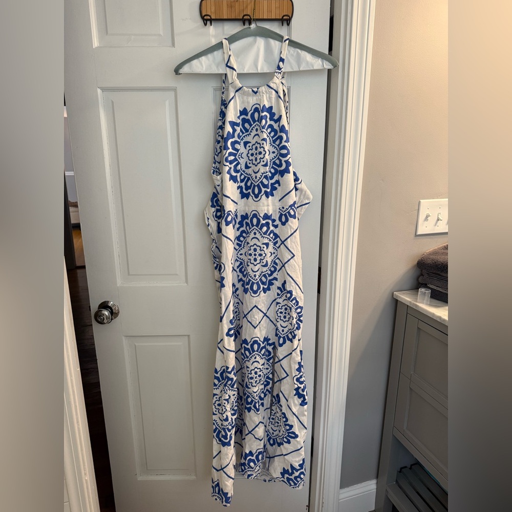 1.State Revolve Linen Blue/White Portuguese Tile Print Dress Linen/Rayon